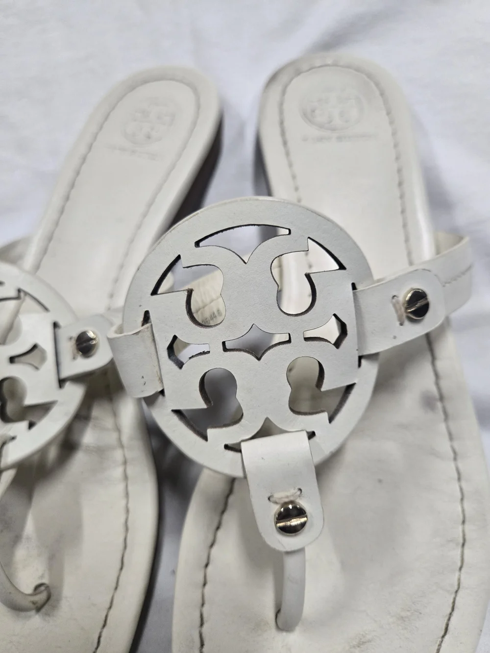 Tory Burch White Logo Cutout Thong Sandals